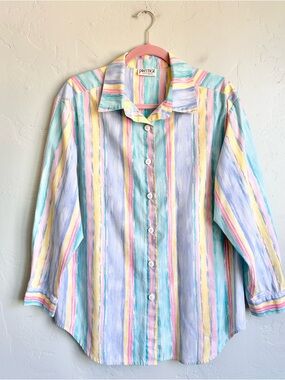 Vintage 90’s Prestige Sportswear Pastel Striped Button Up Shirt Women Large EUC